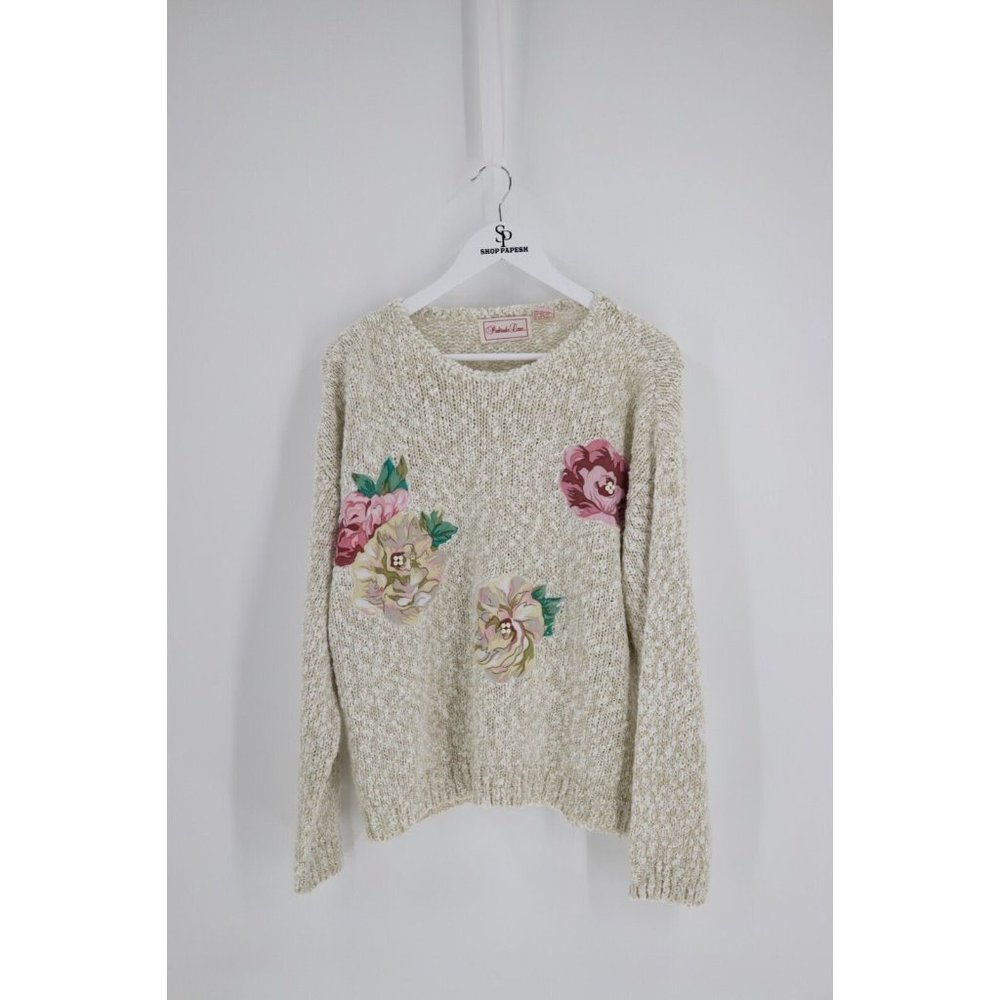 Vintage Penbrooke Lane Beige Floral Long Sleeve Beaded Pearl Accent Sweater L - Picture 2 of 7